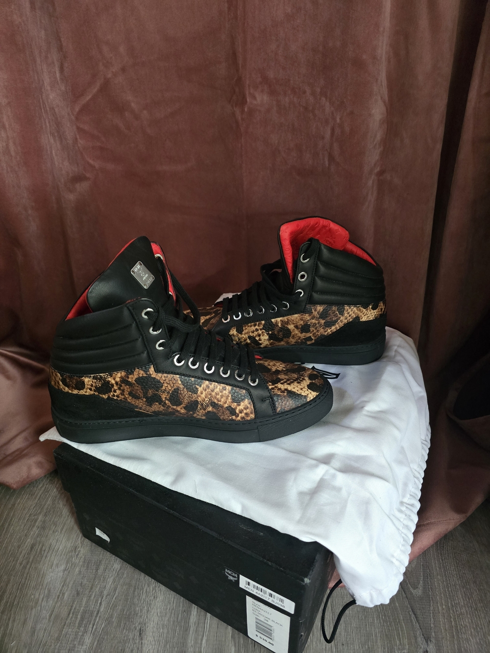 MCM Black & Leopard Print High-Top Sneakers with Red Lining